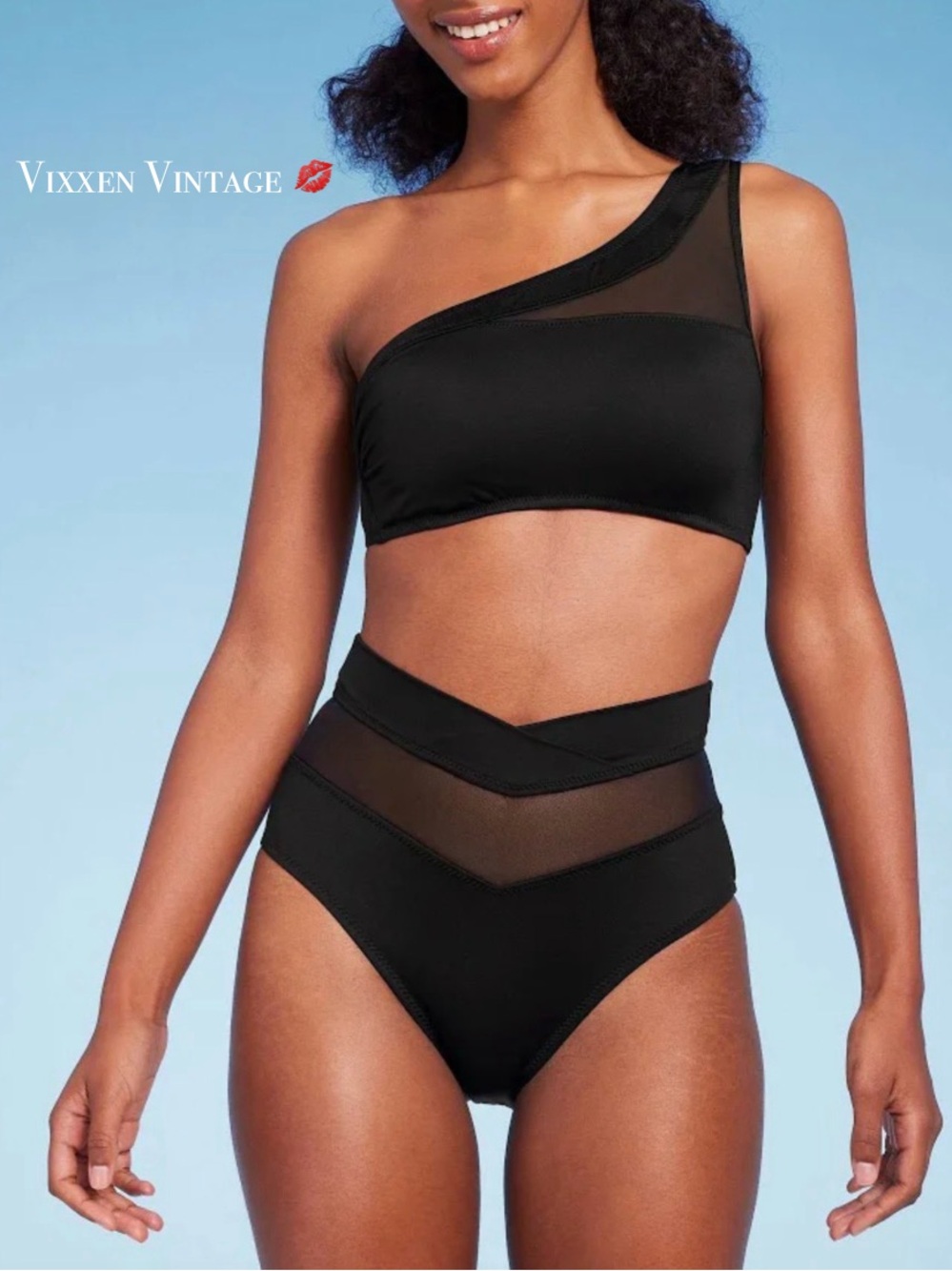 SHADE & SHORE ‘HIGH WAIST HIPSTER’ MESH PANEL V-CUT BIKINI BOTTOMS IN BLACK